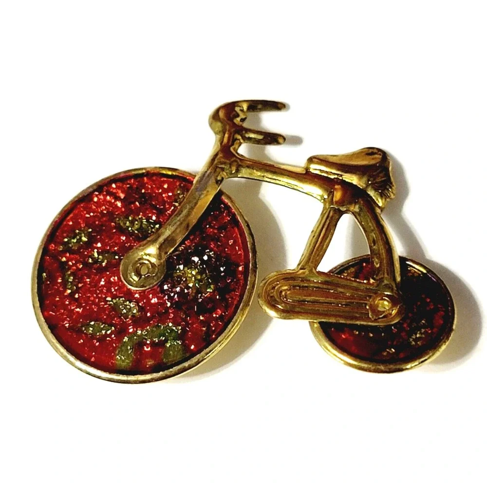 Vintage Red Bicycle Brooch Pin Confetti Enamel Gold Tone Glitter Figural Jewelry